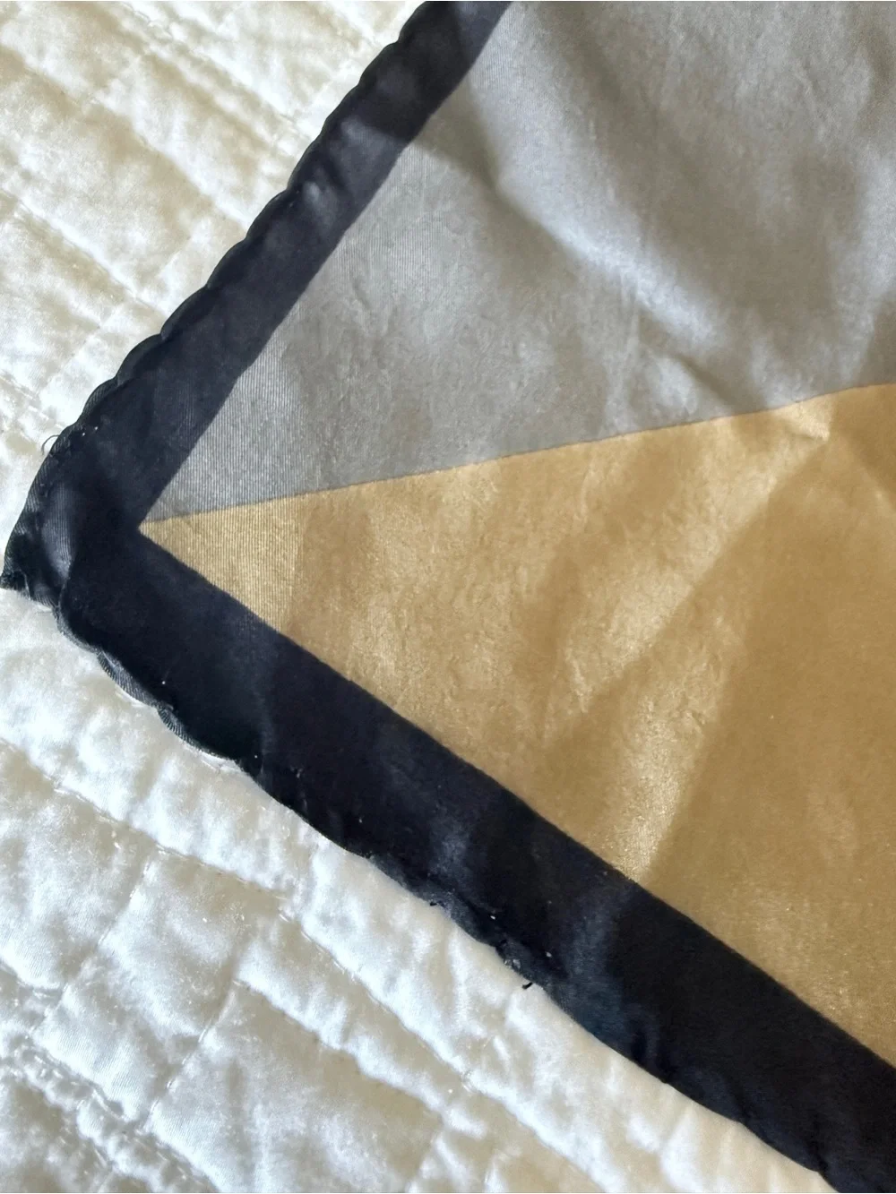 Geometric Colorblock Silk Scarf in Mustard, Brown, Blue, Red and Gray